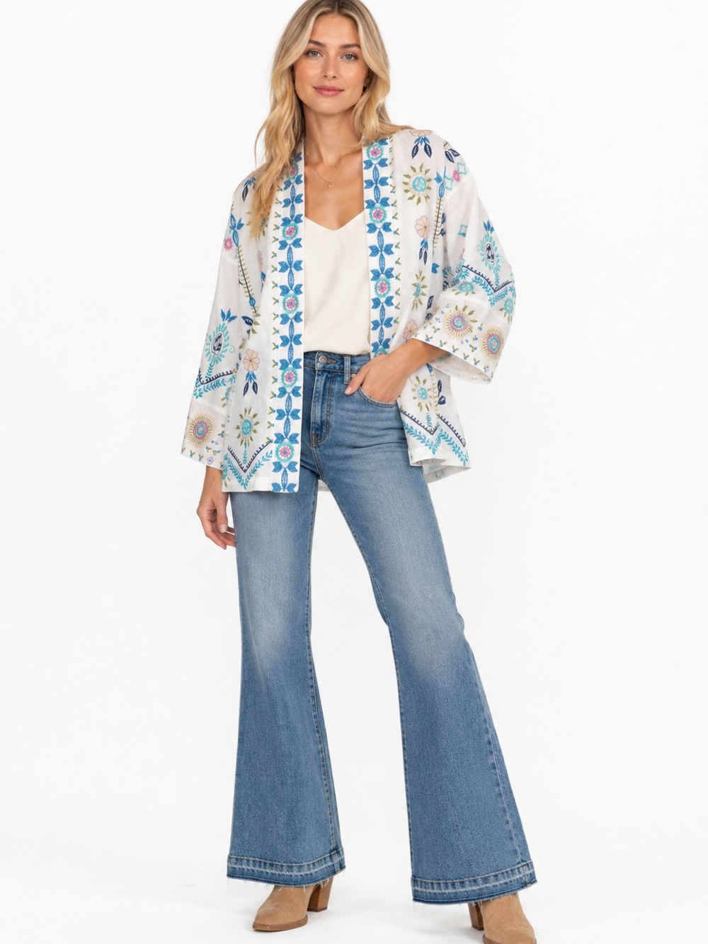 Johnny Was Oriel Cropped Linen White Medium Embroidered Kimono Aqua Floral Boho